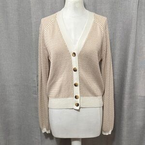 Ann Taylor Cardigan-Sz L-Semi Cropped-Multi Button V Neck-Cotton Blend-Tan/Cream